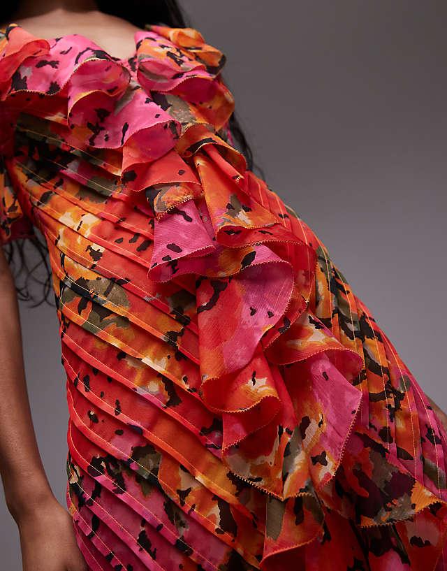 Asos Topshop Premium Ruffle Pintuck Gown In Red And Orange Floral