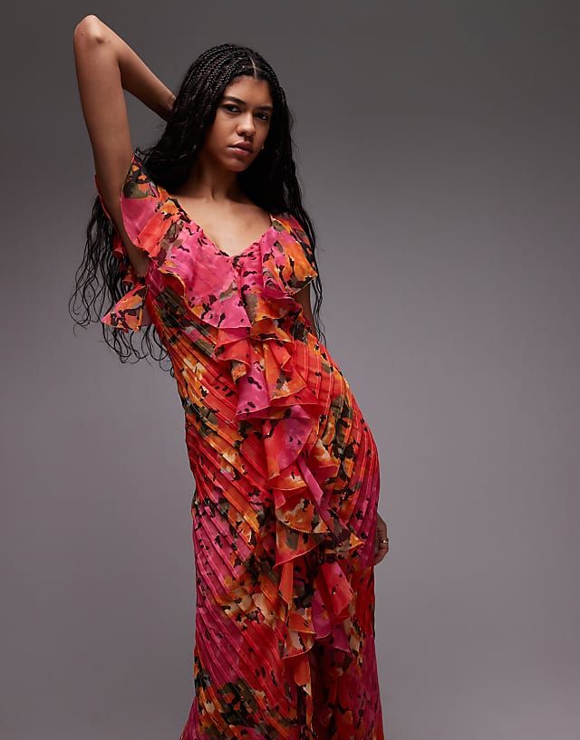 Asos Topshop Premium Ruffle Pintuck Gown In Red And Orange Floral