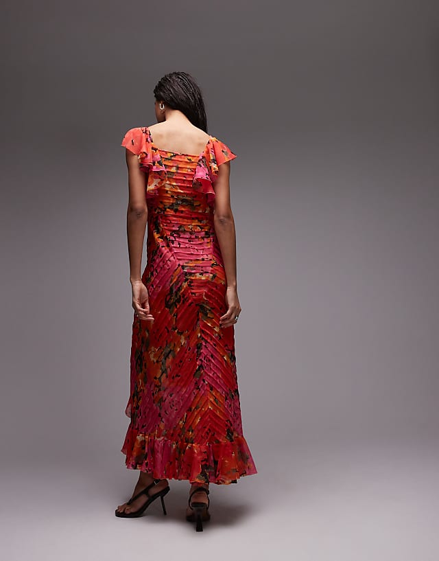 Asos Topshop Premium Ruffle Pintuck Gown In Red And Orange Floral