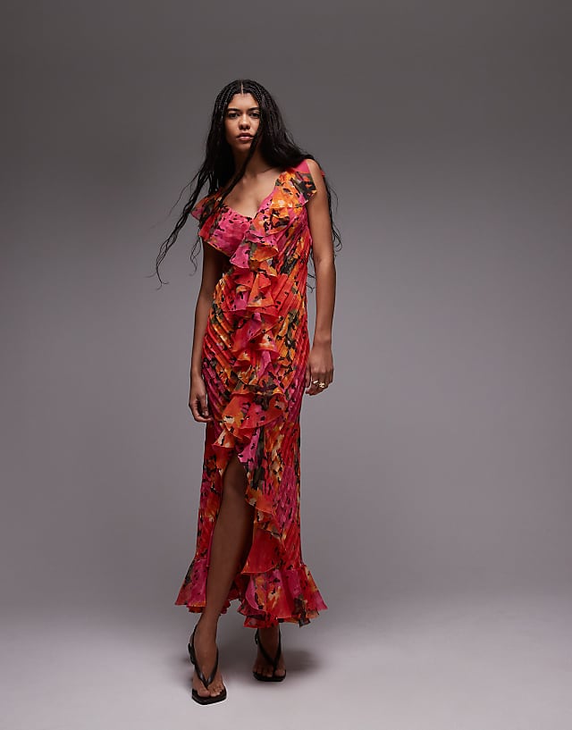 asos Topshop premium ruffle pintuck gown in red and orange floral