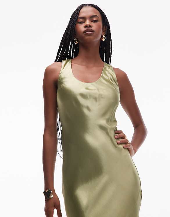 Asos Topshop Racer Neck Satin Bias Maxi Dress In Olive