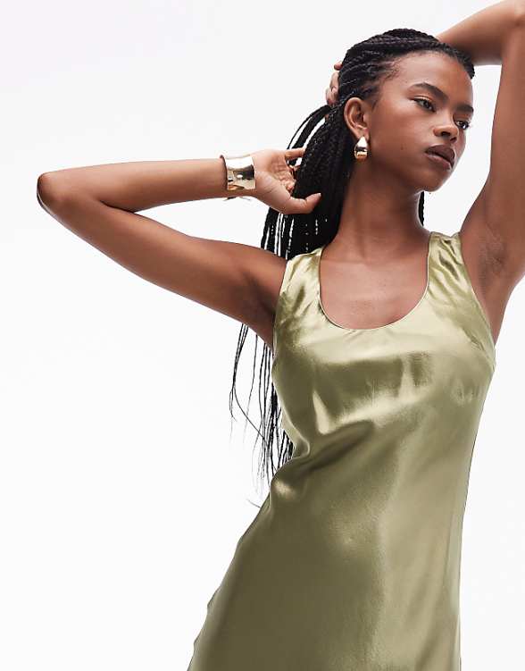 Asos Topshop Racer Neck Satin Bias Maxi Dress In Olive