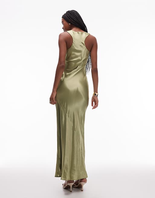Asos Topshop Racer Neck Satin Bias Maxi Dress In Olive