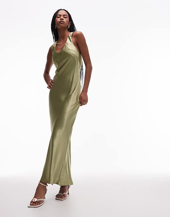 asos Topshop racer neck satin bias maxi dress in olive