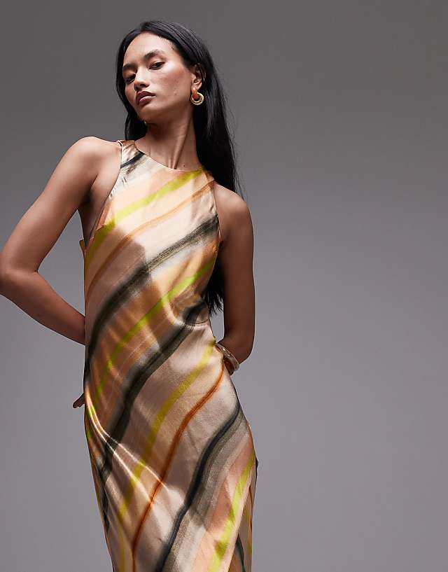 Asos Topshop Racer Neck Satin Bias Maxi Dress In Ombre Stripe