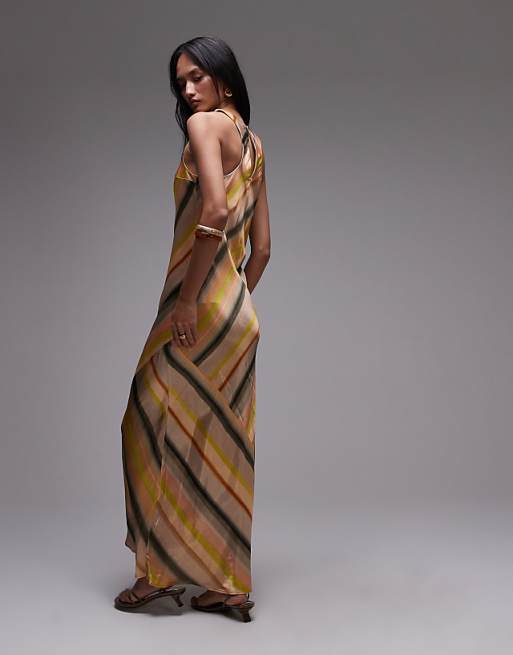 Asos Topshop Racer Neck Satin Bias Maxi Dress In Ombre Stripe
