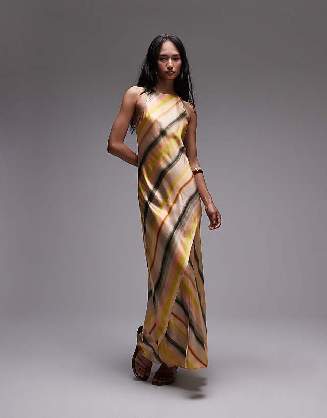 asos Topshop racer neck satin bias maxi dress in ombre stripe