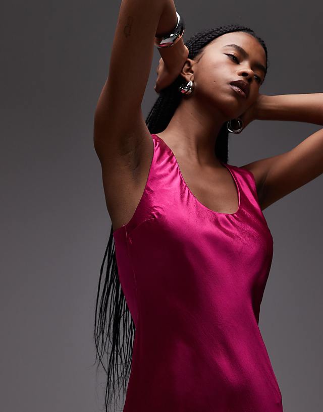 Asos Topshop Racer Neck Satin Bias Maxi Dress In Pink