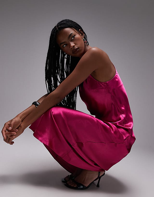 Asos Topshop Racer Neck Satin Bias Maxi Dress In Pink