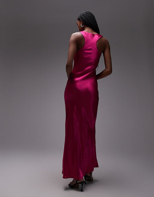 Asos Topshop Racer Neck Satin Bias Maxi Dress In Pink