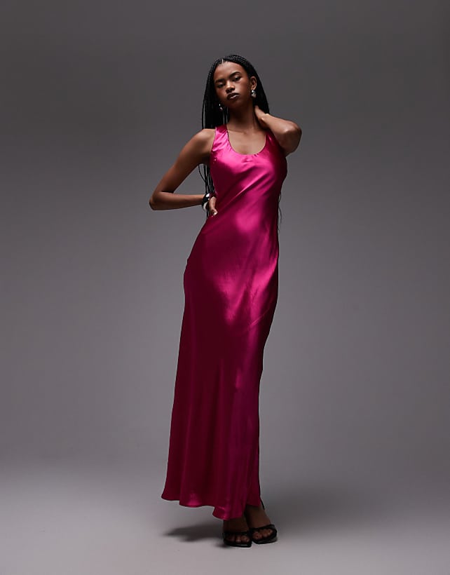 asos Topshop racer neck satin bias maxi dress in pink