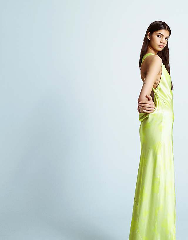 Asos Topshop Racer Neck With Dropped Cowl Back In Lime Floral