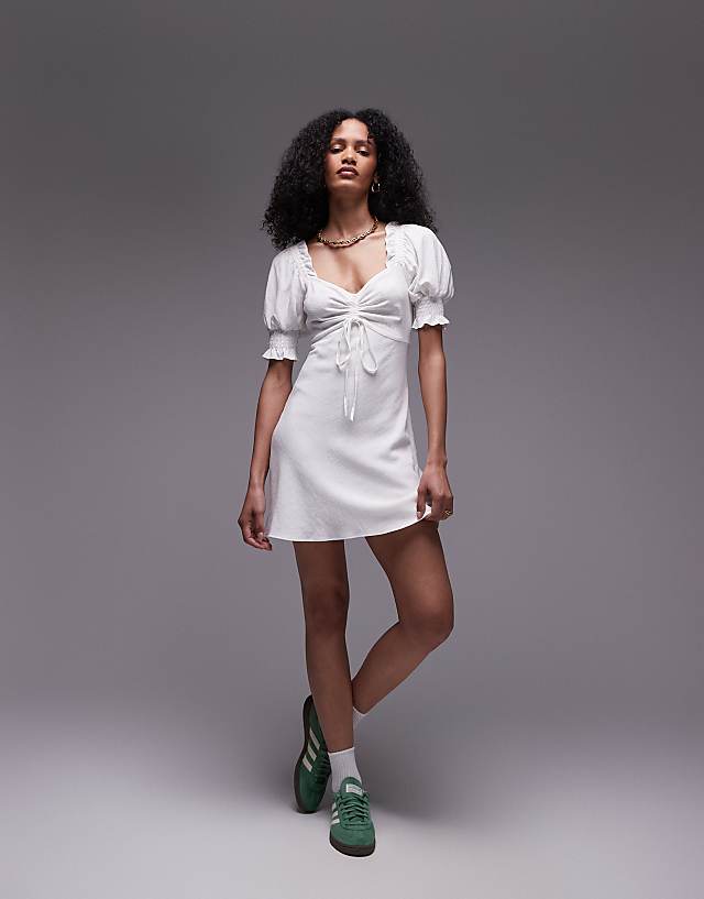 Asos Topshop Ruched Front Tea Dress With Sleeve In Ivory Linen