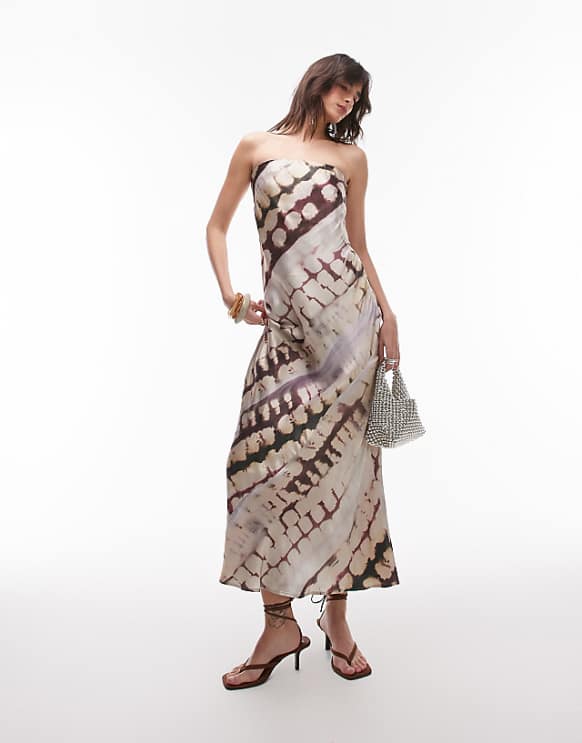 asos Topshop satin bandeau slip maxi dress in abstract animal print