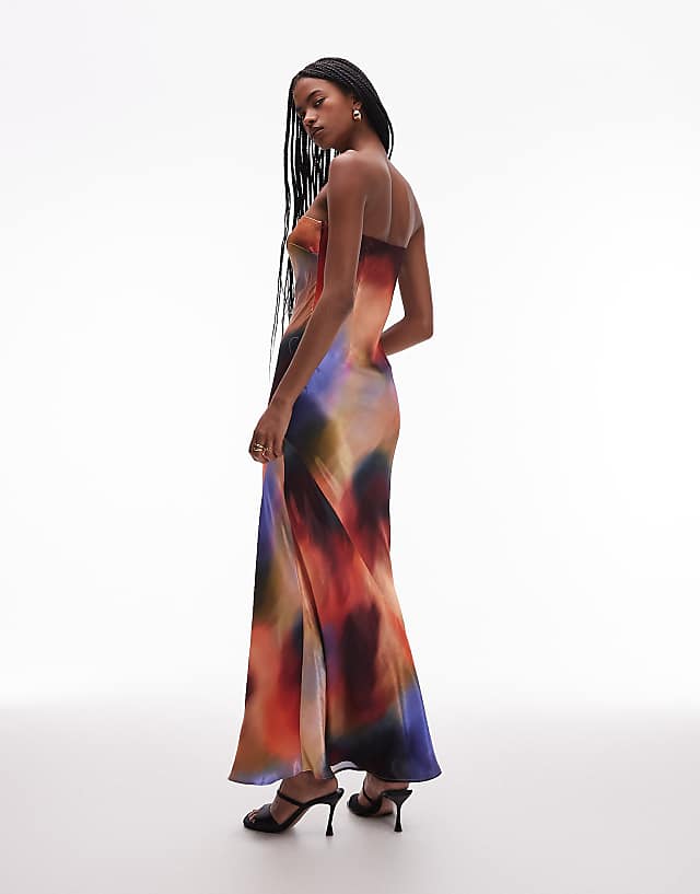 Asos Topshop Satin Bandeau Slip Maxi Dress In Sunset Tone Print