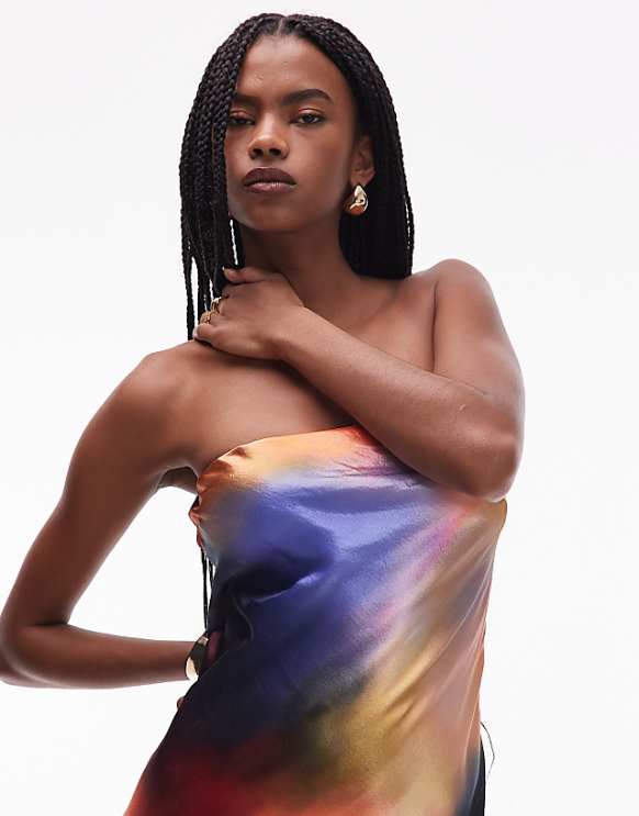 Asos Topshop Satin Bandeau Slip Maxi Dress In Sunset Tone Print