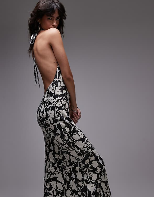 Asos Topshop Satin High Cowl Halter Maxi Dress In Floral Print