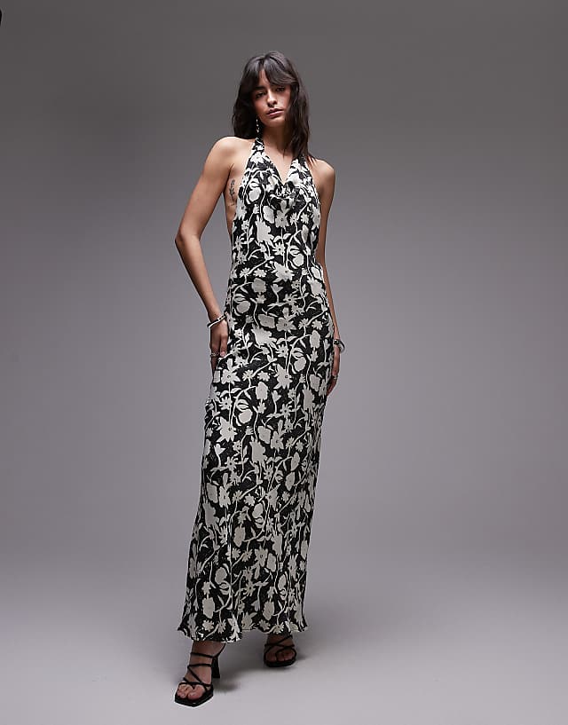 Asos Topshop Satin High Cowl Halter Maxi Dress In Floral Print
