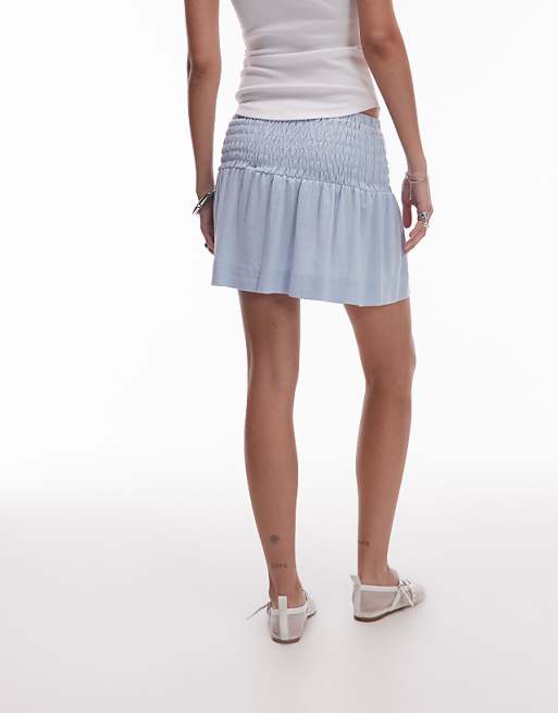 Asos Topshop Shirred Linen Mini Skirt In Light Blue
