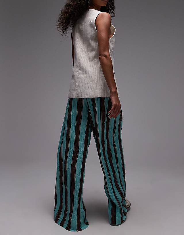 Asos Topshop Stripe Crinkle Wide Leg Trousers In Blue And Brown