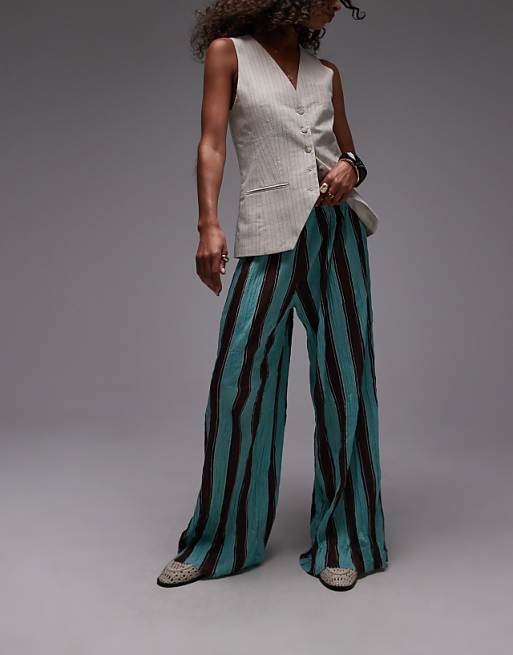 Asos Topshop Stripe Crinkle Wide Leg Trousers In Blue And Brown