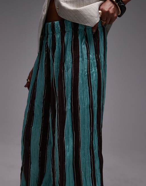 Asos Topshop Stripe Crinkle Wide Leg Trousers In Blue And Brown