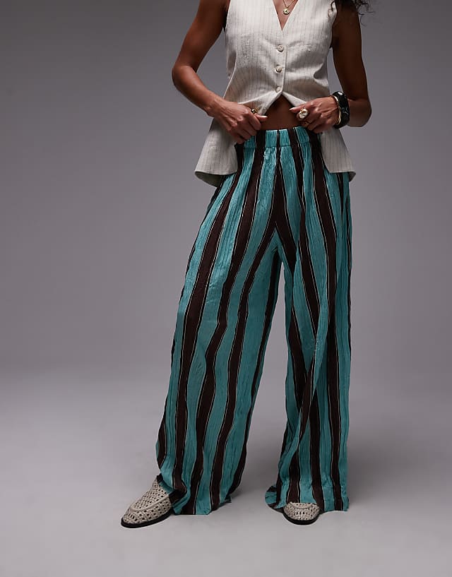 asos Topshop stripe crinkle wide leg trousers in blue and brown