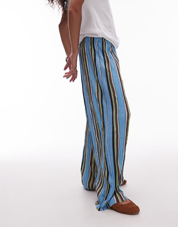 Asos Topshop Stripe Crinkle Wide Leg Trousers In Multi