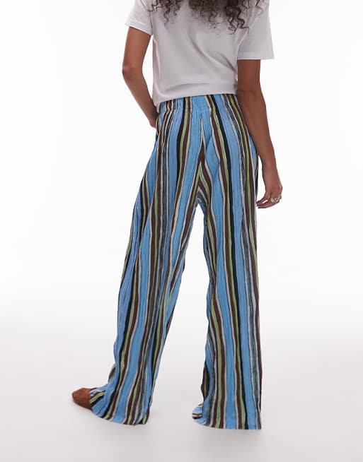 Asos Topshop Stripe Crinkle Wide Leg Trousers In Multi
