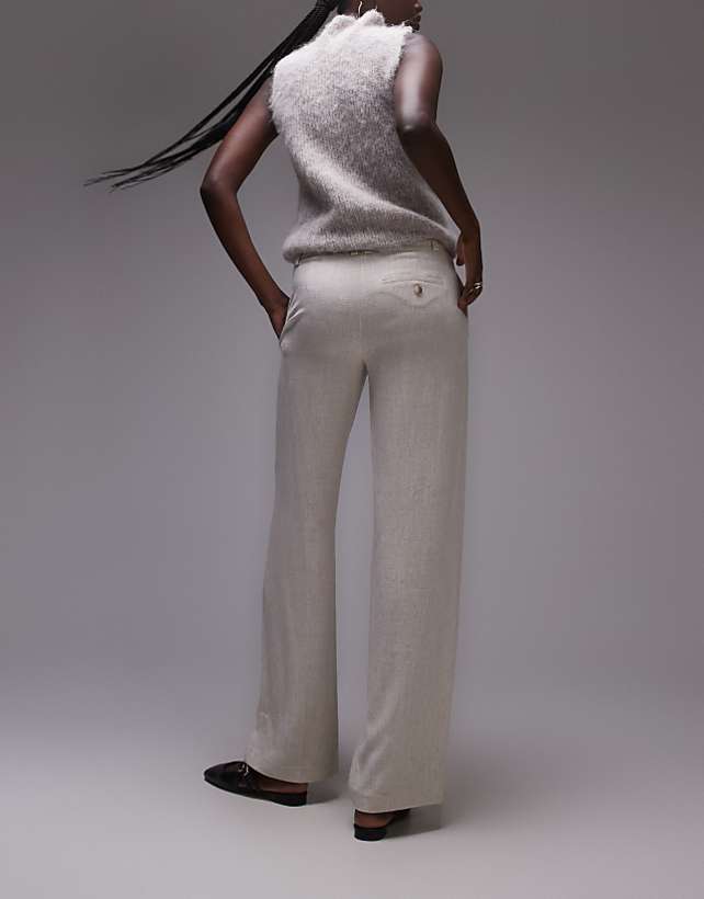 Asos Topshop Tall Low Slung Linen Button Trouser In Natural