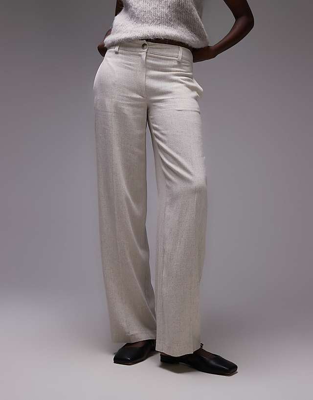 Asos Topshop Tall Low Slung Linen Button Trouser In Natural