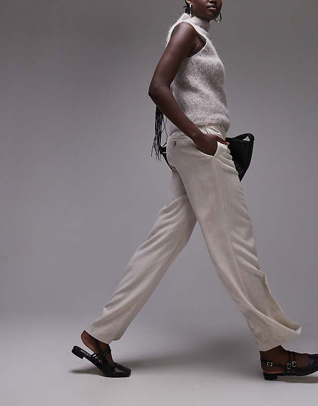 asos Topshop Tall low slung linen button trouser in natural