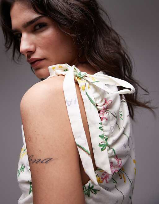 Asos Topshop Tie Shoulder Linen Mini Dress In Flower Head Print