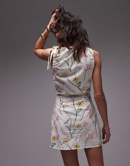 Asos Topshop Tie Shoulder Linen Mini Dress In Flower Head Print