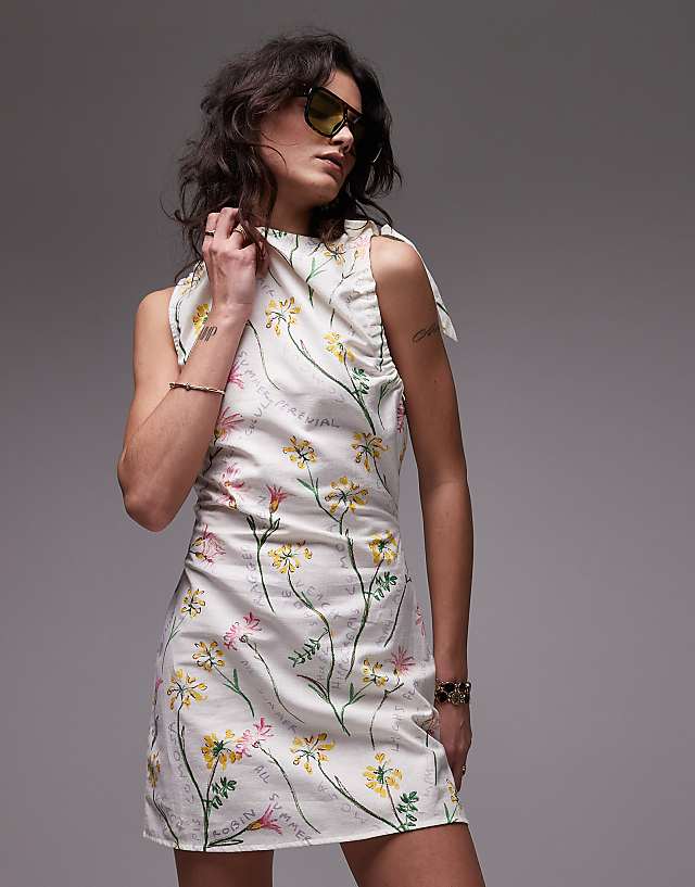 asos Topshop tie shoulder linen mini dress in flower head print