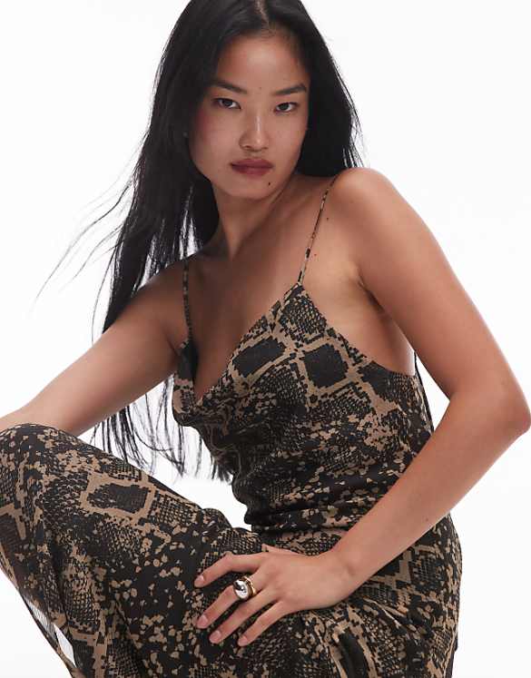 Asos Topshop Twist Back Cowl Neck Midi Slip In Snake Print