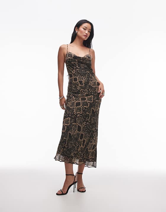 asos Topshop twist back cowl neck midi slip in snake print