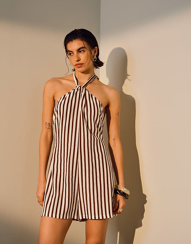 Asos Topshop Twist Halter Linen Playsuit In Chocolate Stripe