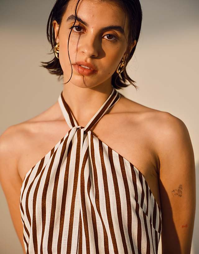 Asos Topshop Twist Halter Linen Playsuit In Chocolate Stripe