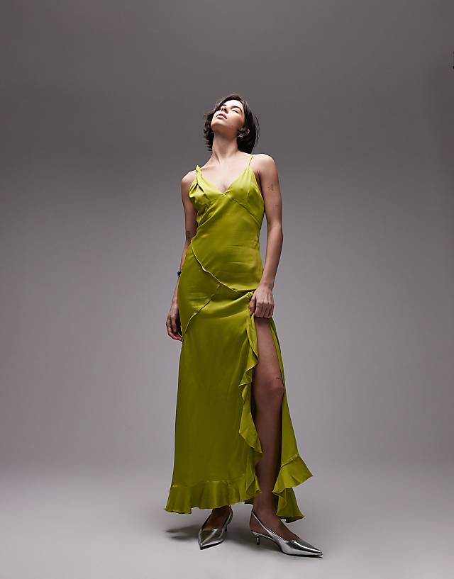 Asos Topshop Twist Shoulder Exposed Seam Midi Slip Dress In Lime Green