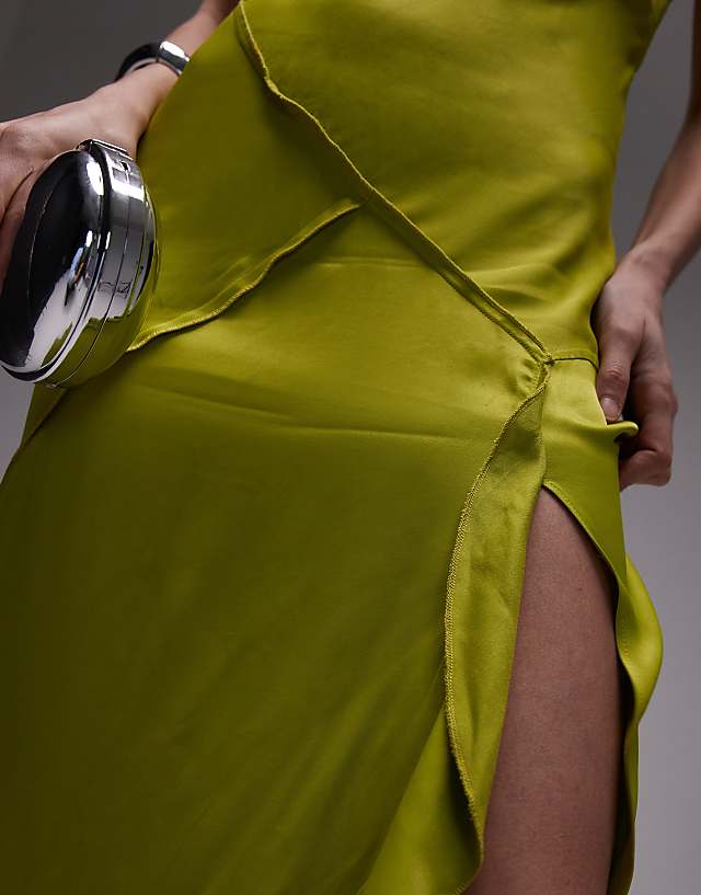 Asos Topshop Twist Shoulder Exposed Seam Midi Slip Dress In Lime Green