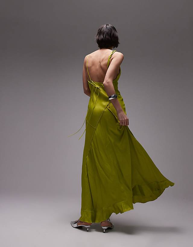 Asos Topshop Twist Shoulder Exposed Seam Midi Slip Dress In Lime Green