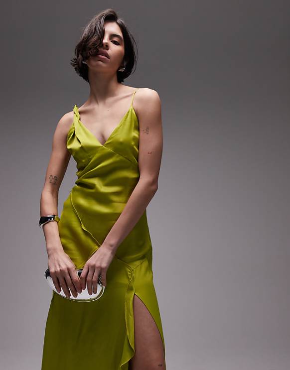 asos Topshop twist shoulder exposed seam midi slip dress in lime green