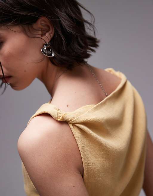 Asos Topshop Twist Shoulder Linen Mini Dress In Buttermilk