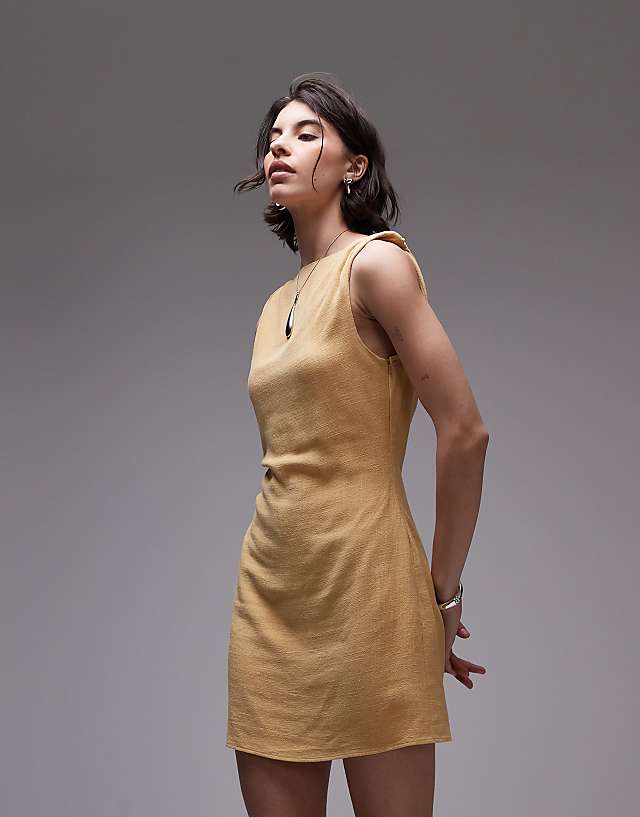 asos Topshop twist shoulder linen mini dress in buttermilk