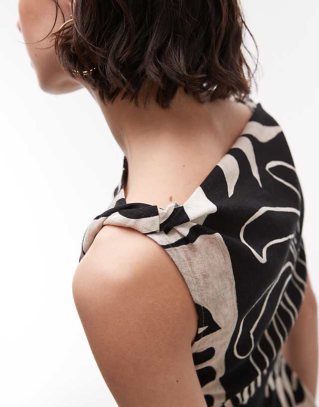 Asos Topshop Twist Shoulder Mini Linen Dress In Mono Abstract Print
