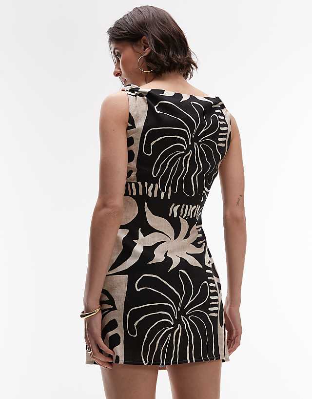 Asos Topshop Twist Shoulder Mini Linen Dress In Mono Abstract Print
