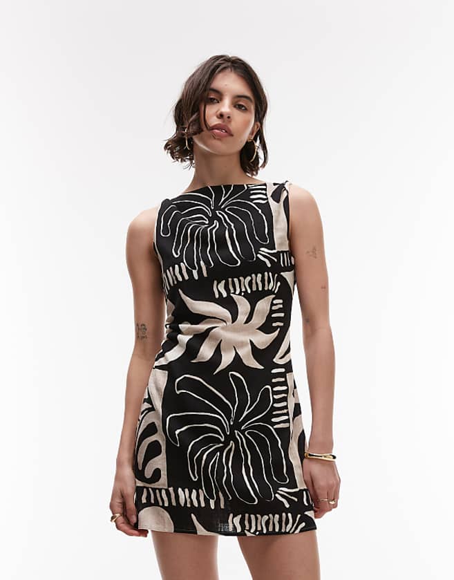 asos Topshop twist shoulder mini linen dress in mono abstract print