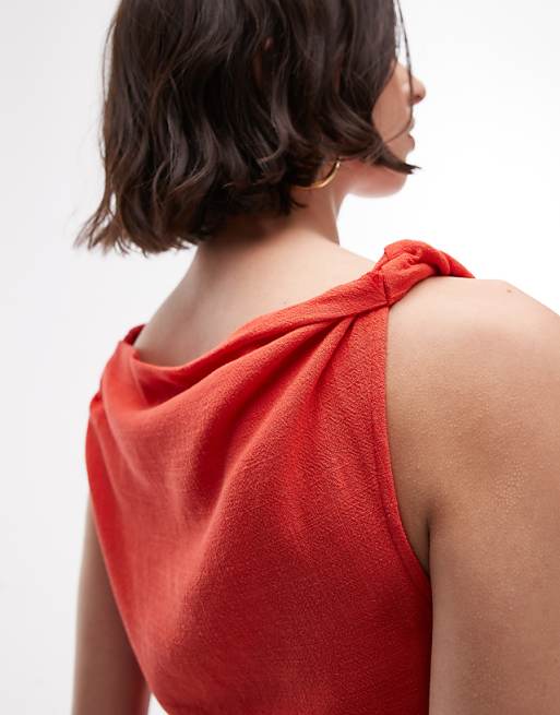 Asos Topshop Twist Shoulder Mini Linen Dress In Red
