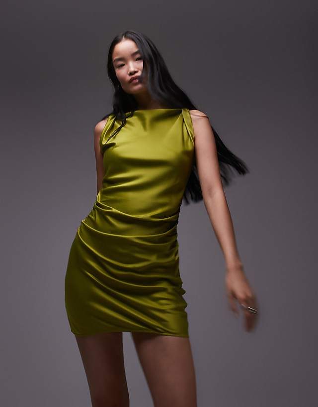 asos Topshop twist shoulder slip mini dress in olive